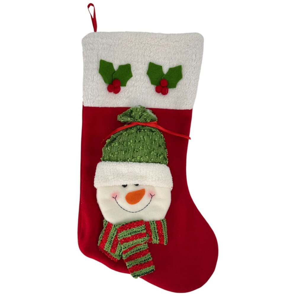 Christmas Stocking Hanging 3D Happy Smiling Snowman Red Green White 17.5"x10"